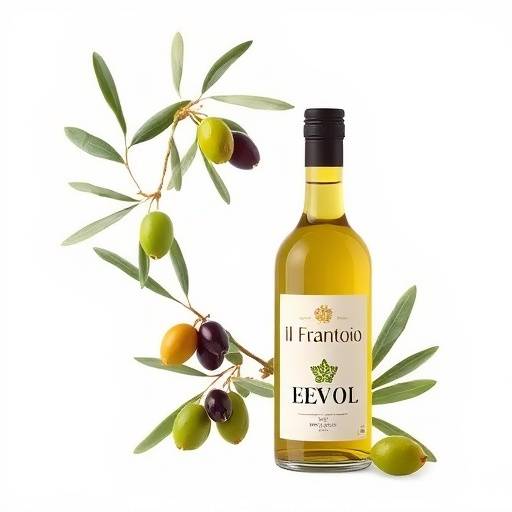 Bottiglia di Olio Extra Vergine di Oliva 'Il Frantoio' con olive e foglie d'ulivo sullo sfondo