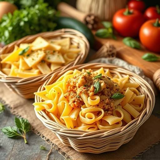 Cesti di pasta fresca fatta in casa, ingredienti di alta qualit&agrave; in esposizione.