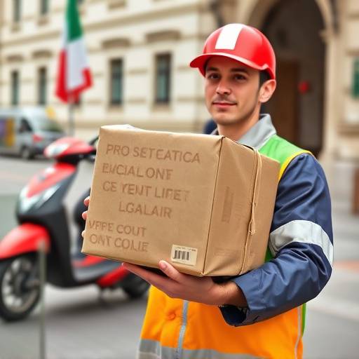 Corriere che consegna un pacco di prodotti tipici italiani