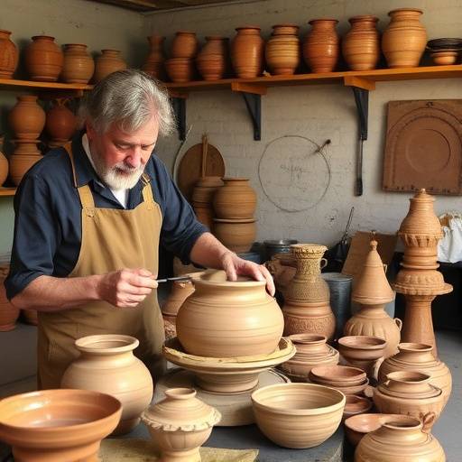 Laboratorio artigianale di ceramica a Deruta, Umbria, con artigiano al lavoro