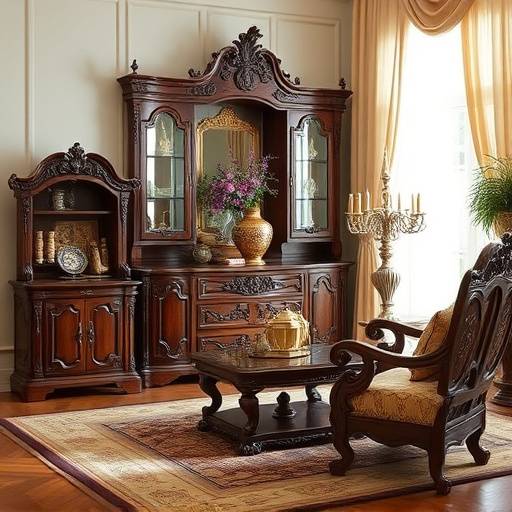 Mobili in legno massello finemente intagliati, esposti in un'abitazione arredata con gusto.