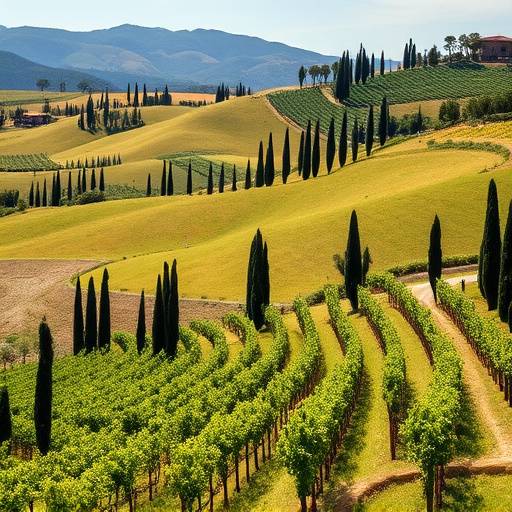 Paesaggio collinare della Toscana con cipressi e vigneti