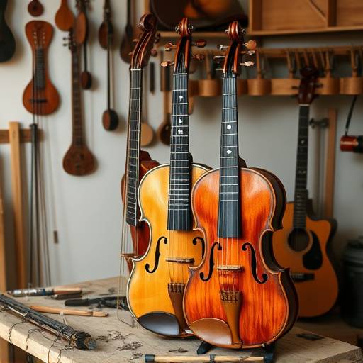 Strumenti musicali artigianali, tra cui un violino e una chitarra classica, esposti in un laboratorio.