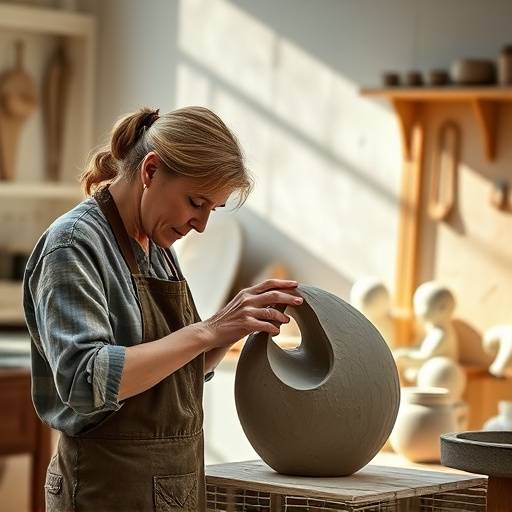 Un artista al lavoro su una scultura in ceramica in un laboratorio artigianale.