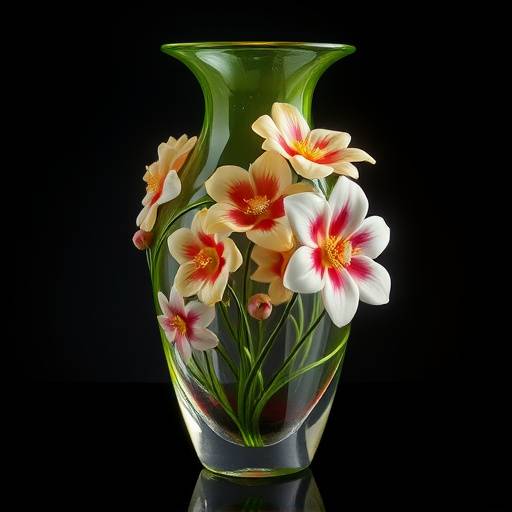 Vaso in vetro soffiato di Murano con decorazioni floreali