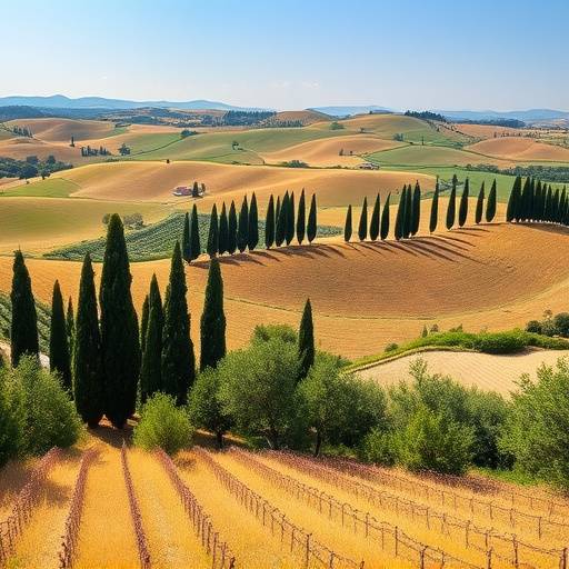 Vista panoramica di una tipica campagna toscana con cipressi e colline ondulate